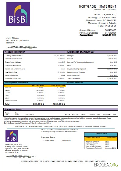 Relevé hypothécaire de la banque BISB de Bahreïn scr